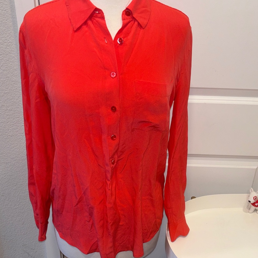 EUC Equipment Bright Coral Silk Button-Down Shirt